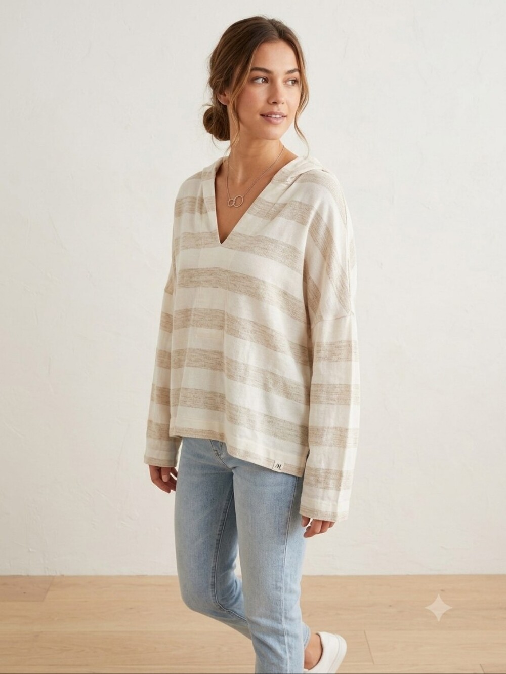 Max Studio Beige & Cream Striped Lightweight Hoodie